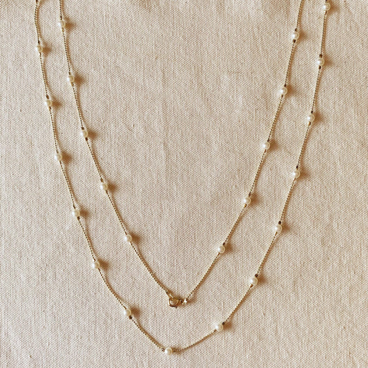 18 karat gold filled long 42 inch spaced out pearl necklace hypoallergenic anti-tarnish wrap around
