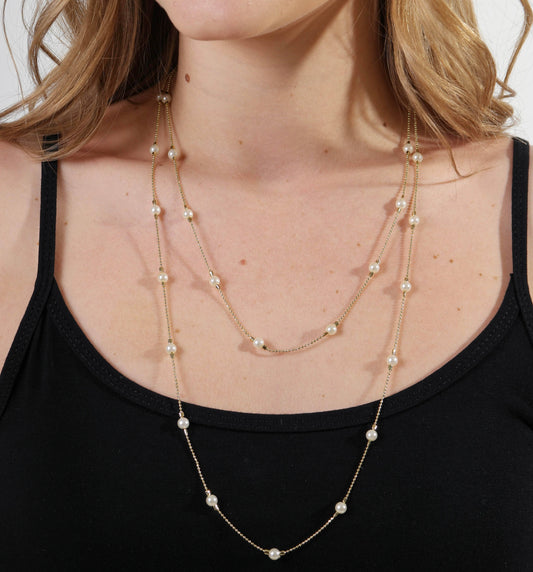 18 karat gold filled long 42 inch spaced out pearl necklace hypoallergenic anti-tarnish wrap around