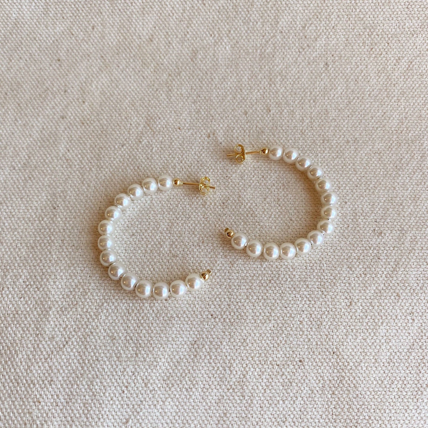 35mm Pearl hoop earrings hypoallergenic 18k gold filled detail