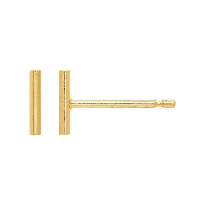 Detail image of tiny bar stud earrings in gold-fill
