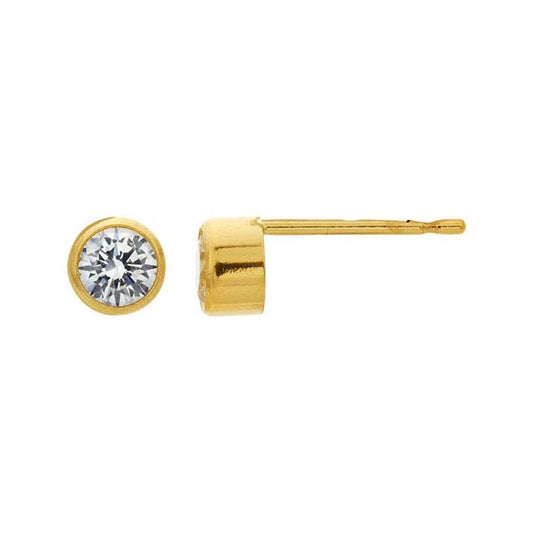 14 karat yellow gold 4 millimeter cubic zirconia bezel set stud earrings anti-tarnish hypoallergenic