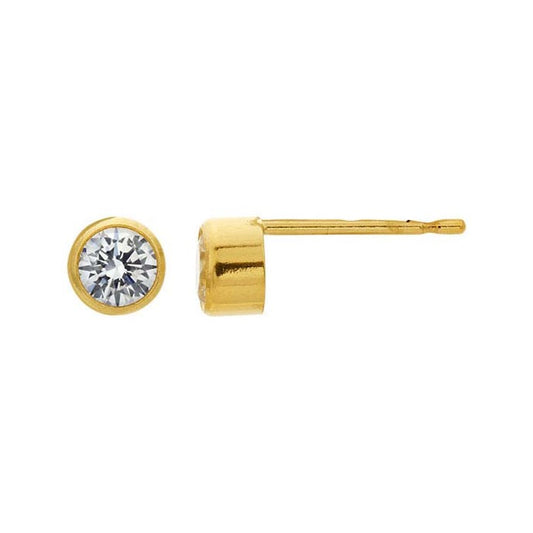 14 karat yellow gold 4 millimeter cubic zirconia bezel set stud earrings anti-tarnish hypoallergenic 