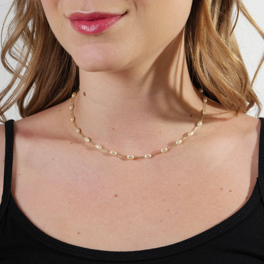 18K gold filled oval shaped pearl necklace minimalist pendant design