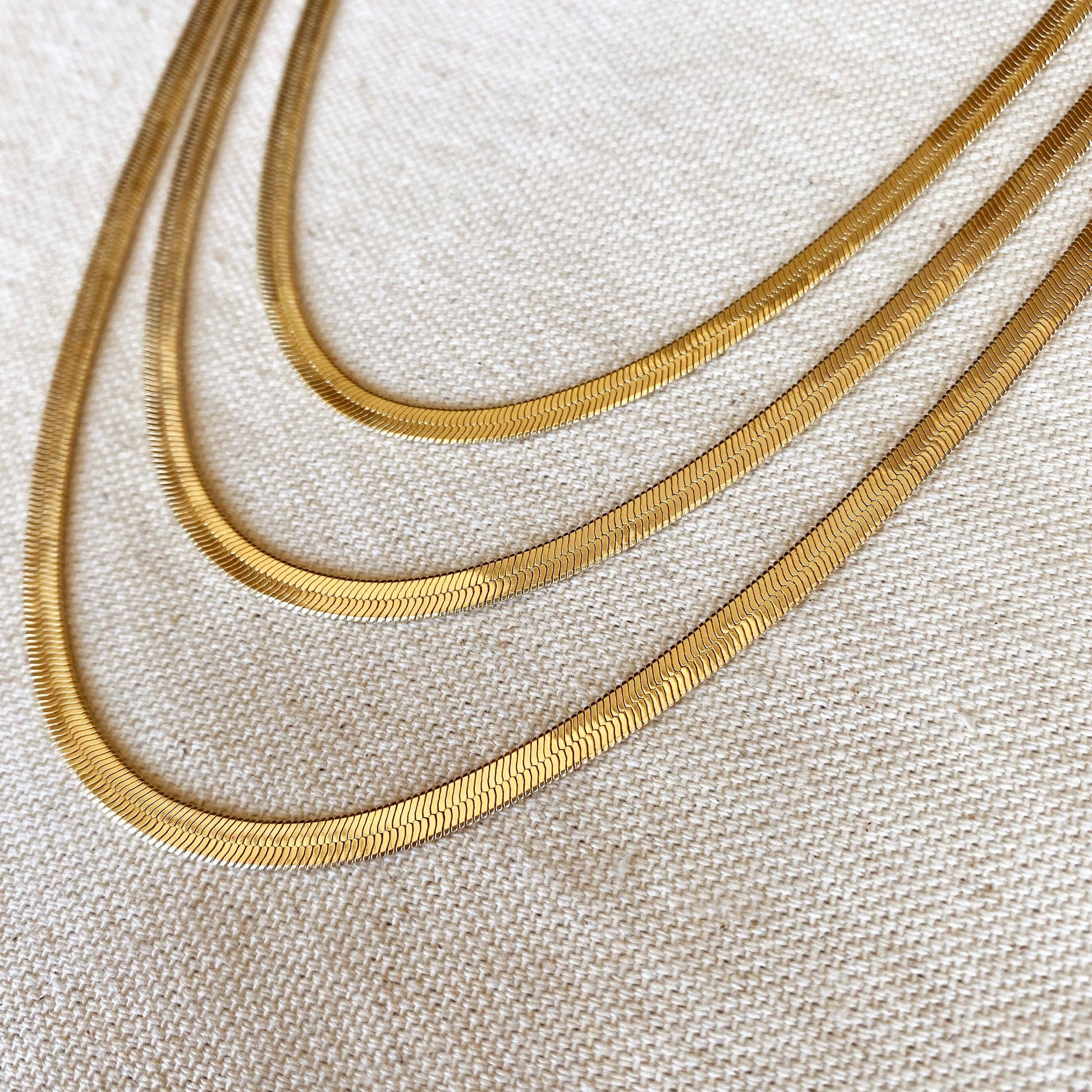 Herringbone chain 4mm width hypoallergenic anti-tarnish 18 karat gold filled lobster clasp 