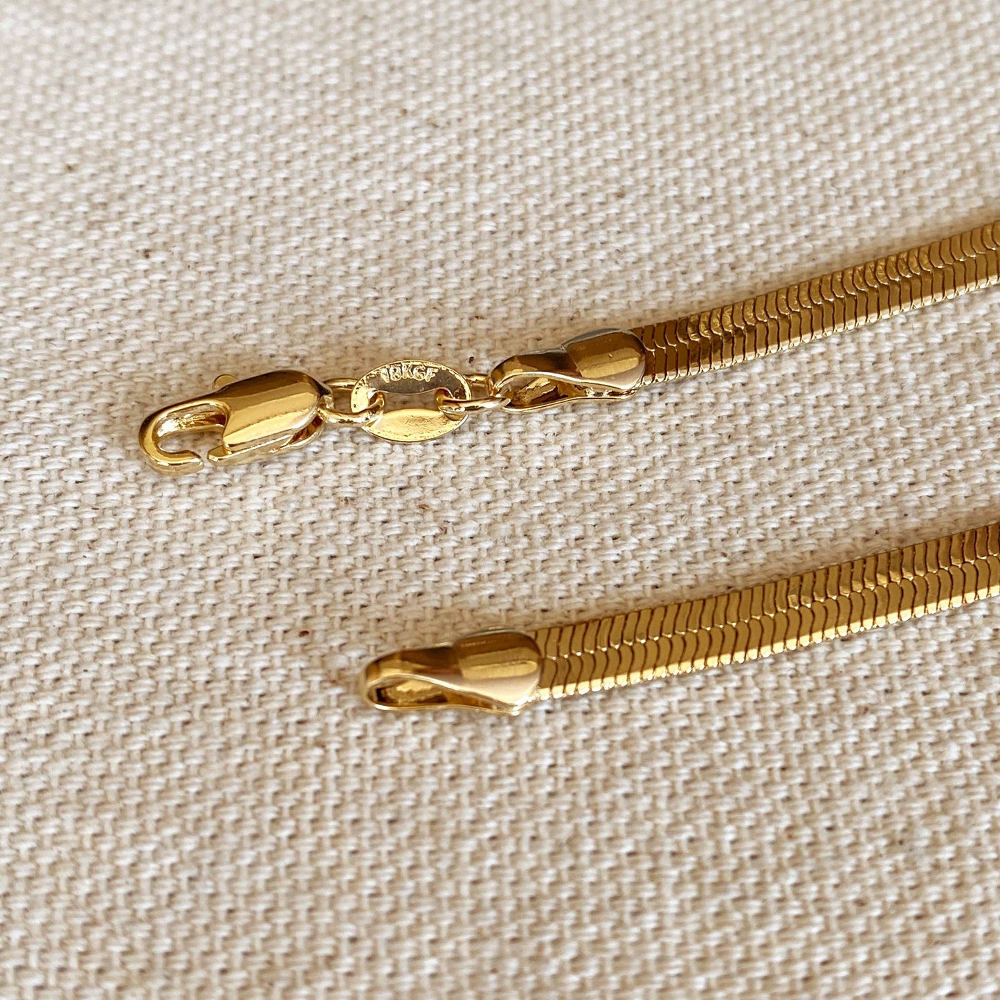 Herringbone chain 4mm width 18k gold filled lobster clasp close up