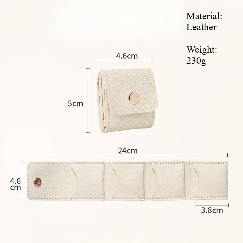 Leather travel jewelry organizer with measurement details and material info
