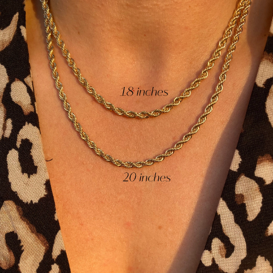 woman wearing rope chain necklace in 18k gold filled 18 inch and 20 inch available